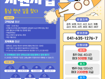 [2025 충남 청년도전지원사업]

○ 지원대상
  • 구직단념 청년
   - 18세~34세 청년
   - 6개월 이내 취업·교육·직업훈련·실업급여 수급 이력이 없는 청년
   - 대학 졸업 후 6개월 이상 경과한 청년
   - 자립준비청년
   - 청소년 복지시설 입·퇴소 청년
   - 북한 이탈 청년
  • 지역특화 청년
   - 충청남도 조례상 청년의 범위에 포함된 청년(35세~39세)
   - 유관기관이 사업 참여가 필요하다고 인정한 청년
   - 주 30시간 미만 생계형아르바이트 청년(월 1,572,202원 미만)

○ 지원내용
  • 단기 : 5주 이상, 40시간 → 최대 50만원 지급
  • 중기 : 15주 이상, 120시간 → 최대 220만원 지급
  • 장기 : 25주 이상, 200시간 → 최대 350만원 지급
  ※ 참여하는 모두에게 기념품 지급!
      (위 내용은 고용노동부 시행 지침에 의거하여 변동될 수 있습니다.)

○ 프로그램
  • 밀착상담 → 사례관리 → 자신감회복 → 진로탐색 → 취업역량강화 → 지역맞춤형 → 외부연계활동

○ 신청기간
  • 상시모집(수업별 선착순 마감)
  ※ 하단기 단기과정 신청 마감 임박
  ※ 26년도 신청 상시 문의 가능

○ 프로그램 일정
  • 운영기간 : 25년도 11월중 운영 종료
                   26년도 2·3월중 개강 예정
  ※ 운영기관 상황에 따라 운영지역 및 개강 일정은 변동될 수 있습니다.

○ 운영지역
  • 공주, 보령, 아산, 서산, 논산, 계룡, 금산, 부여, 서천, 청양, 예산, 태안

○ 문의전화
  • 041-635-1276~7


자세한 사항, 신청안내는 이미지의 QR코드로 확인하세요!

☞ 충남 청년도전지원사업 신청하러 가기! : https://www.work24.go.kr/wk/g/b/1100/busiIntro.do